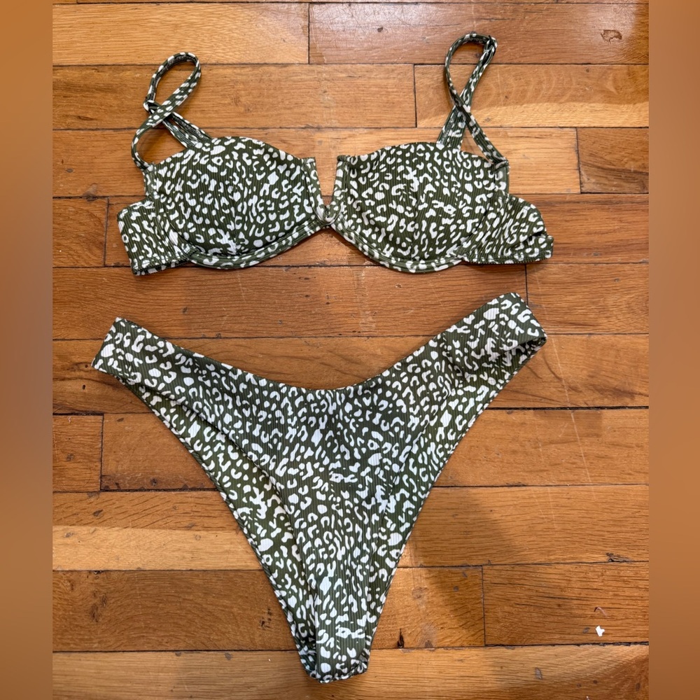 Green and White Leopard Print Bikini Set